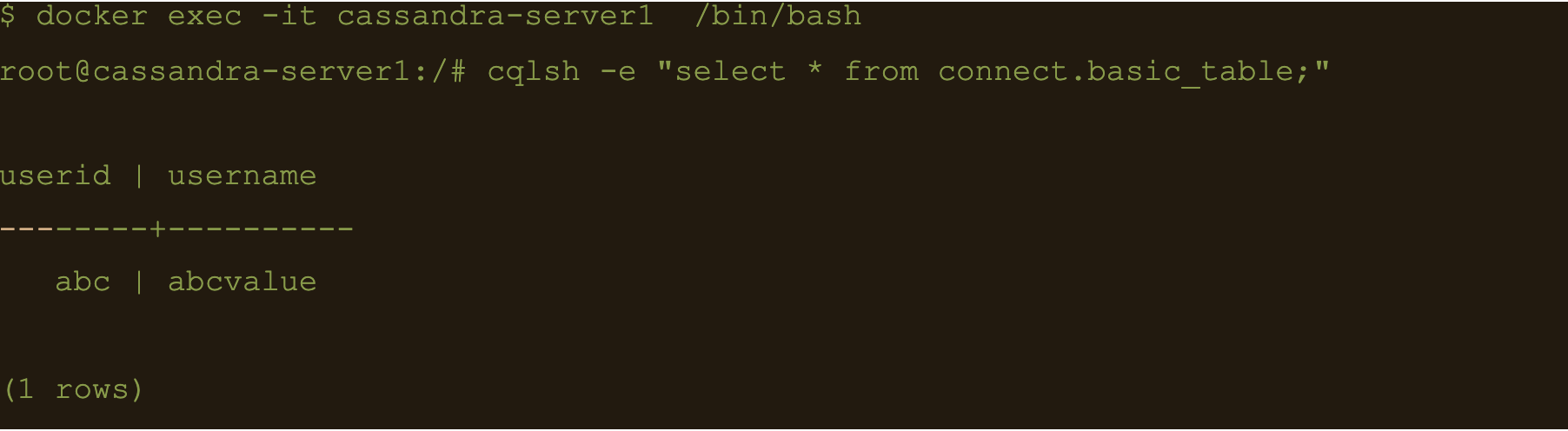 cqlsh -e cqlsh -e "select * from connect.basic_table;"